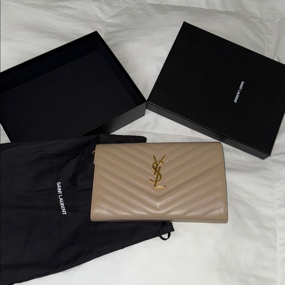 Saint Laurent Taupe Quilted Clutch